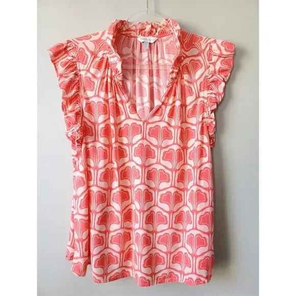 Crown Ivy Women Ruffle Pink Print Sleeveless shirt top L Coastal Casual Preppy - Picture 2 of 9